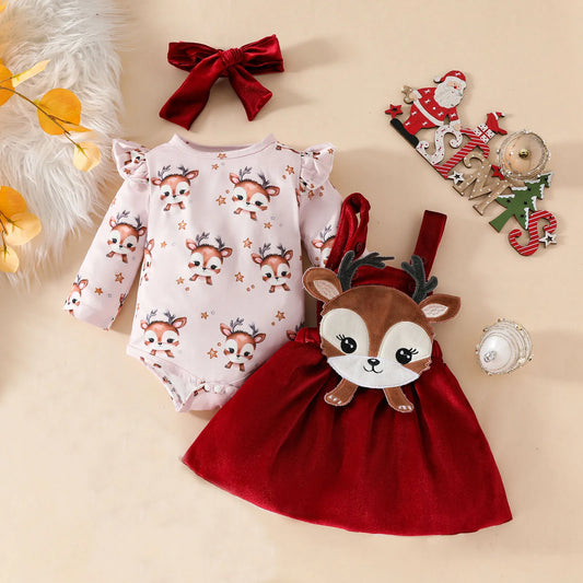 3pcs Christmas Baby girl Outfit Cute Cartoon All over Print Bodysuit Fawn Applique Solid Suspender Dress Sets with Headband