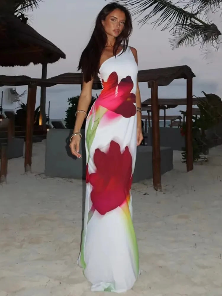 2025 Women Summer New Floral Printed Strapless Loose Dresses Casual Off Shoulder Sleeveless Maxi Dress Lady Vacation Beach Robes