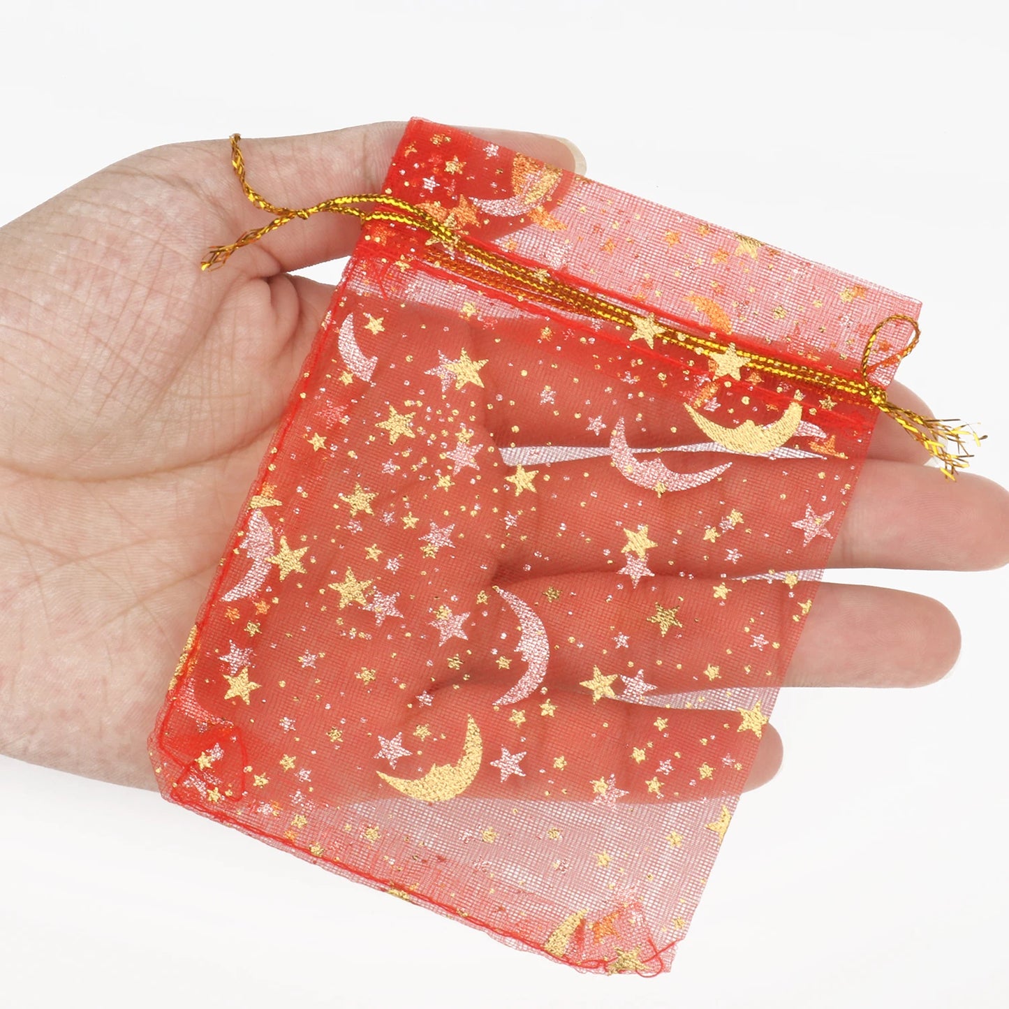 50pcs/Lot 7x9 9x12 11x16 13x18cm Printing Star Moon Christmas Organza Sack Drawstring Charm Packaging Bags Daily Jewelry