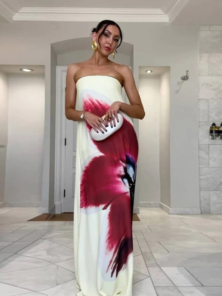 2025 Women Summer New Floral Printed Strapless Loose Dresses Casual Off Shoulder Sleeveless Maxi Dress Lady Vacation Beach Robes