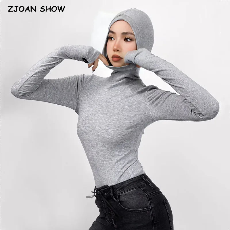 4 Colors 2023 Sexy Sanding Full Sleeve Hooded Turtleneck Bodysuit Woman Elastic Jumpsuit Slim Rompers Bodycon Playsuits Gray