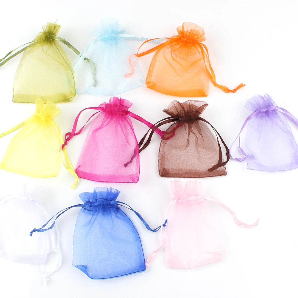 50pcs/Lot 7x9 9x12 11x16 13x18cm Printing Star Moon Christmas Organza Sack Drawstring Charm Packaging Bags Daily Jewelry